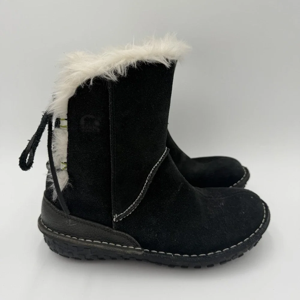 Sorel MALINA Boots Suede Winter Snow Boots Black Lace Up Faux Fur Women‎ 6.5